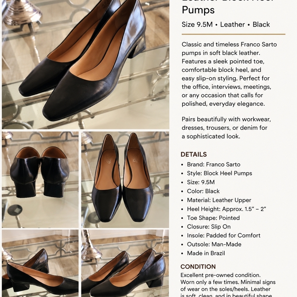 Franco Sarto Black Leather Block Heel Pumps